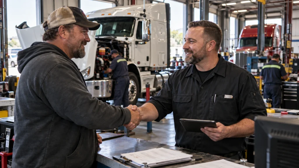 Diesel repair shop owner shaking hands with a satisfied truck customer inside a heavy-duty service shop, representing customer referrals and repeat business.