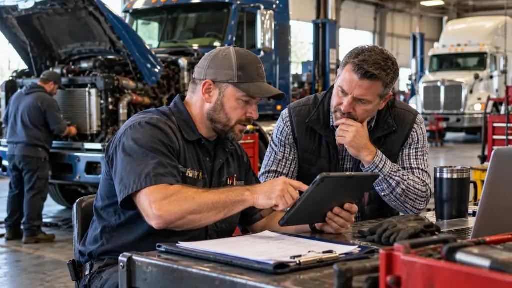Diesel repair shop manager and customer reviewing service details and online feedback on a tablet while heavy-duty trucks are being repaired in the background.