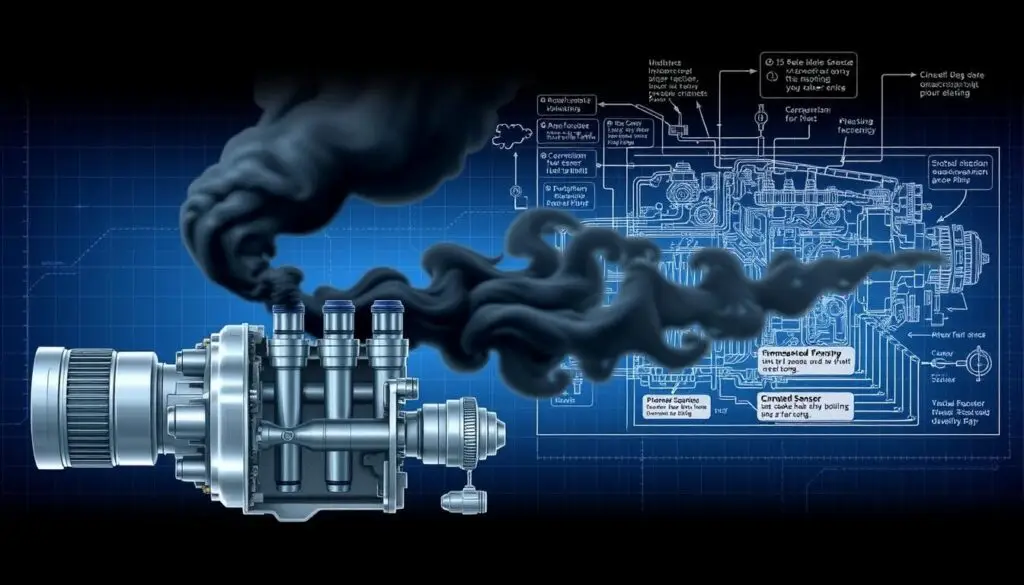 Diesel exhaust smoke analysis showing black and white smoke patterns indicating common rail system faults
