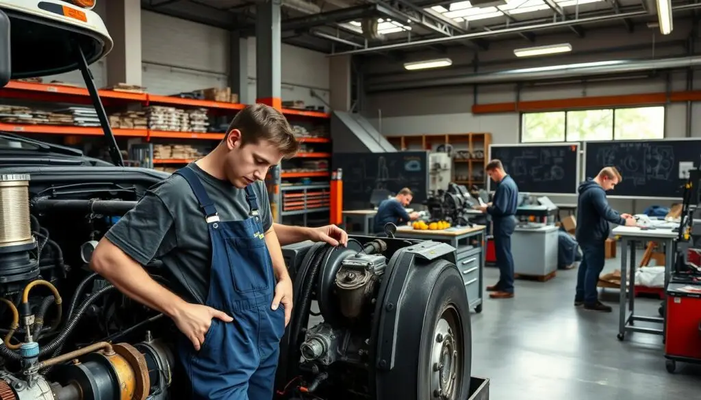 Diesel technician apprentice working alongside journeyman mentor on engine diagnostics in training facility