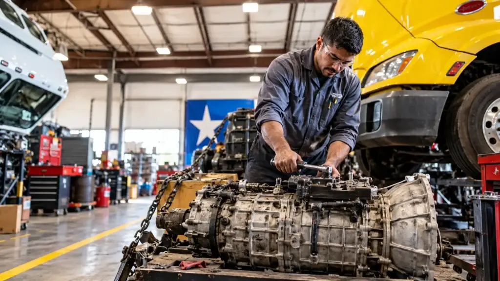 Diesel technician working on a heavy-duty truck transmission in a commercial repair shop while preparing for ASE certification and advanced truck service work.