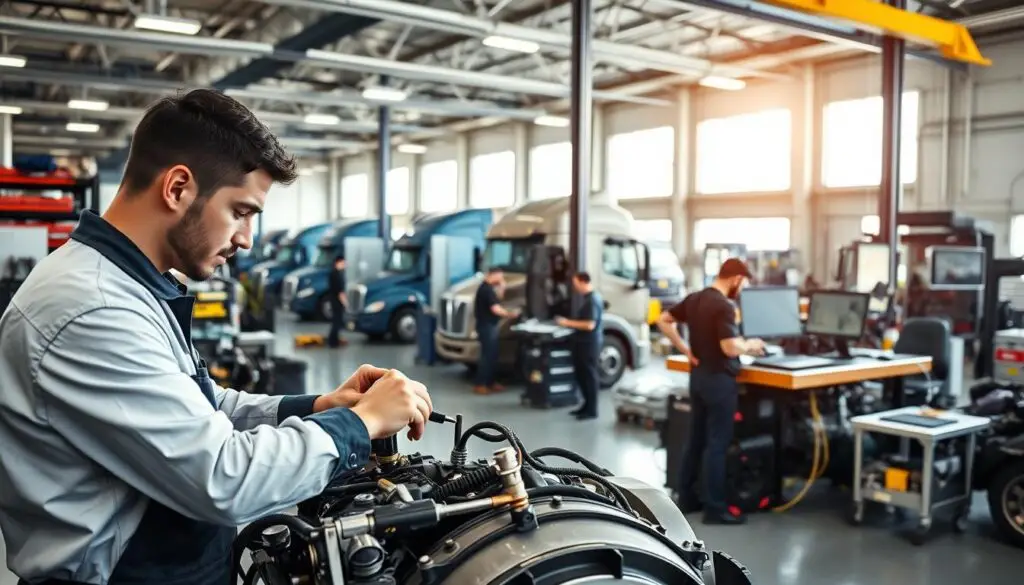 Diesel technician using diagnostic equipment to troubleshoot engine fault codes in a well-equipped service bay