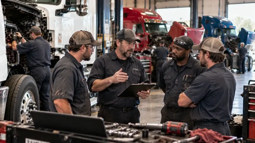 Diesel technicians meeting with a shop supervisor inside a busy heavy-duty truck repair facility