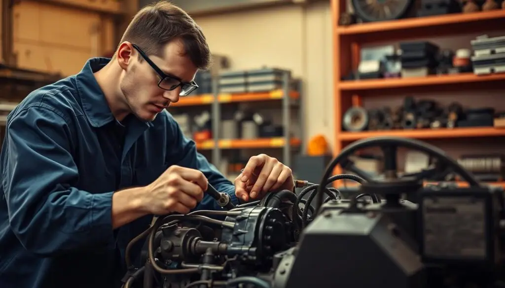 Diesel technician demonstrating diagnostic skills on heavy-duty truck engine