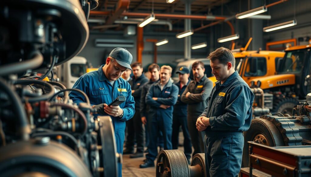 Diesel technician reviewing career advancement pathway documentation with ASE certification materials