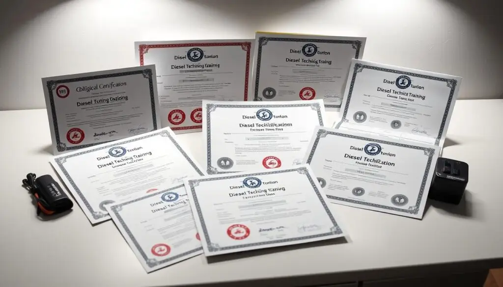 ASE certification badges and manufacturer training credentials display