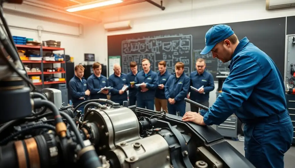 student working on diesel engine diagnostics in training facility