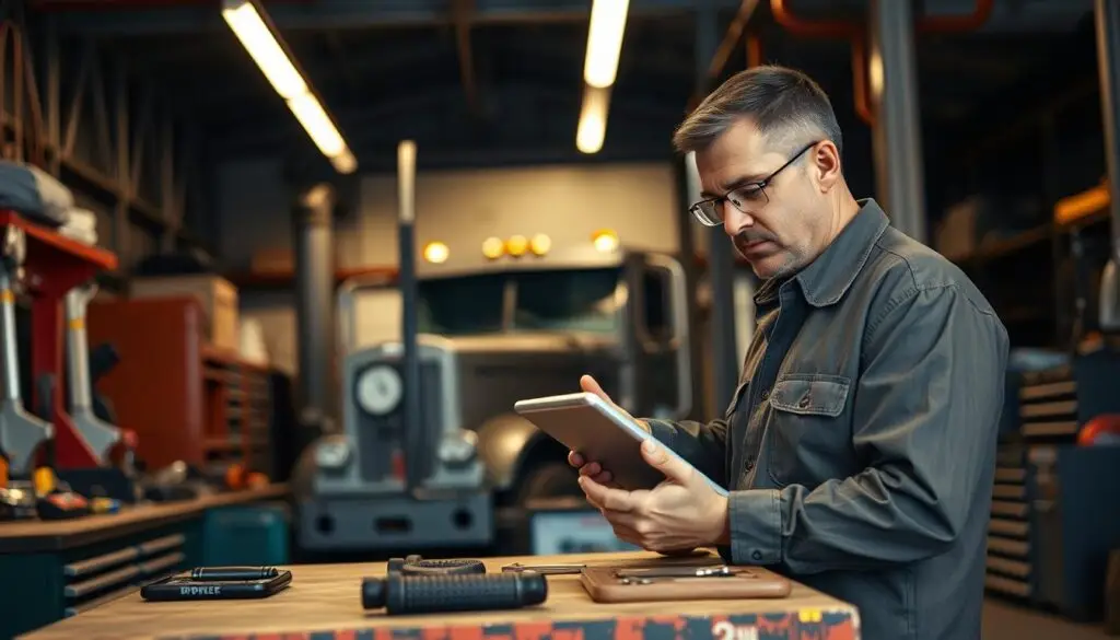 Diesel technician checking diagnostic tablet in heavy duty repair shop with commercial truck in service bay