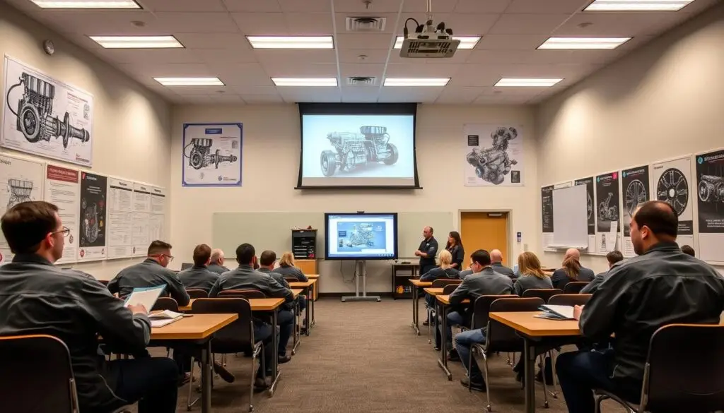 Students in diesel technology program working on commercial truck engine in training facility