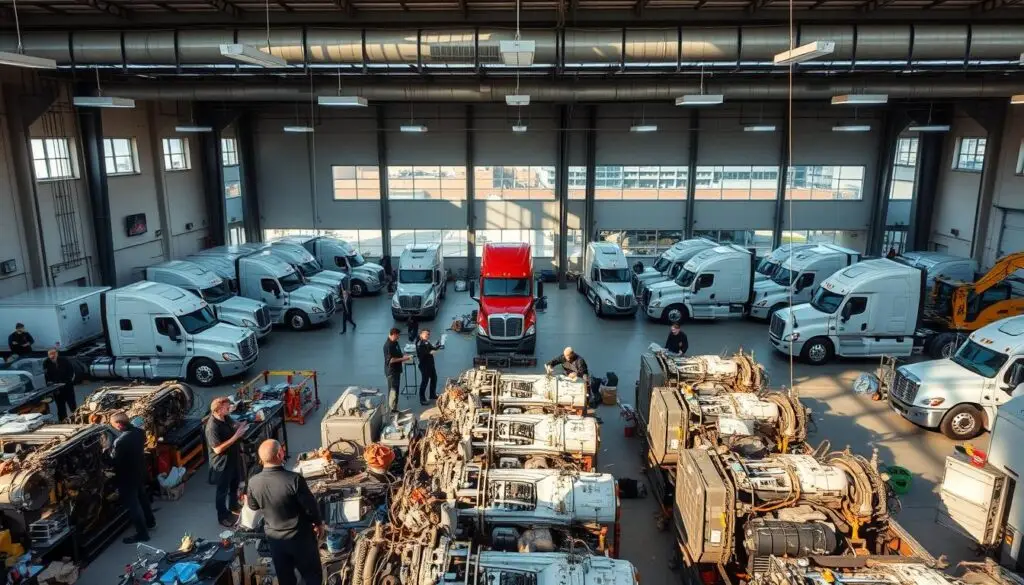 Experienced diesel technician mentoring entry-level technician in professional service facility