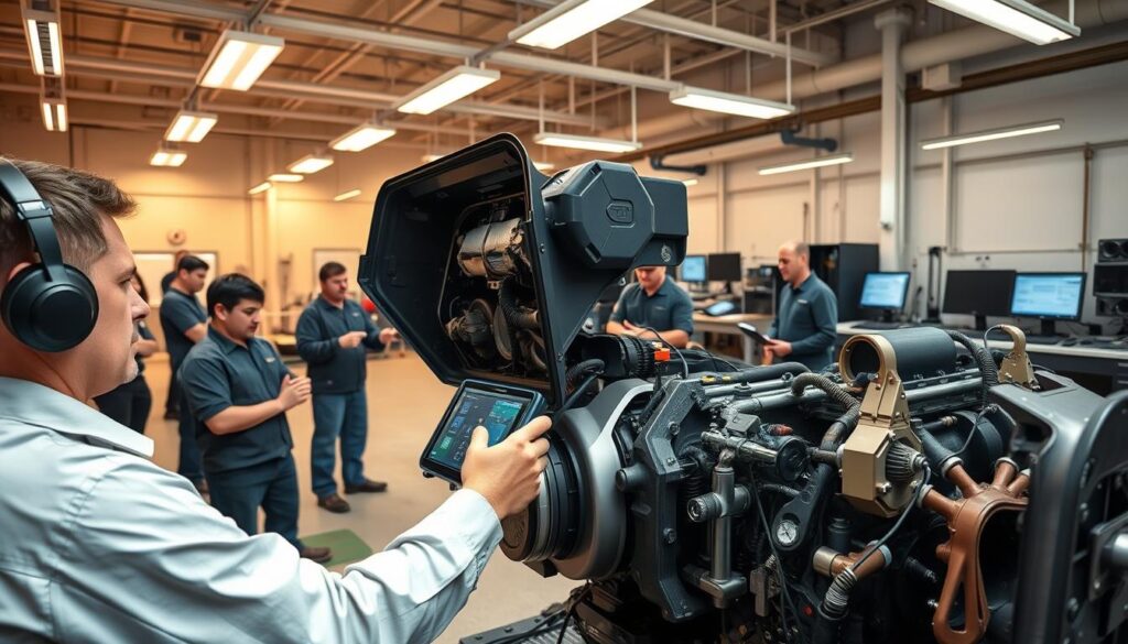 Diesel training lab with students working on heavy-duty truck engines and diagnostic equipment