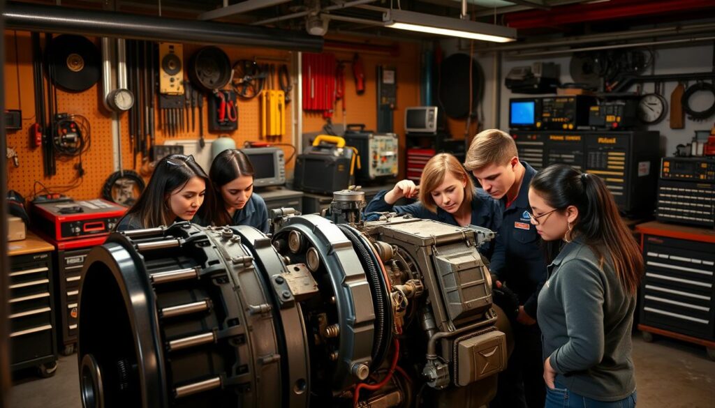 Students learning diesel technology with hands-on engine training