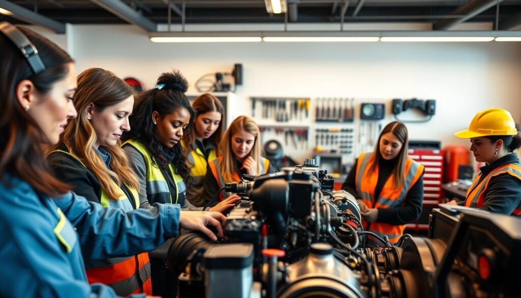 Women students learning diesel engine diagnostics in vocational training lab