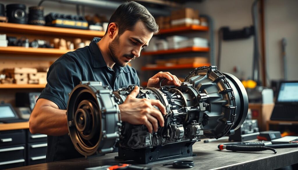 Diesel transmission specialist diagnosing automated manual transmission with diagnostic software