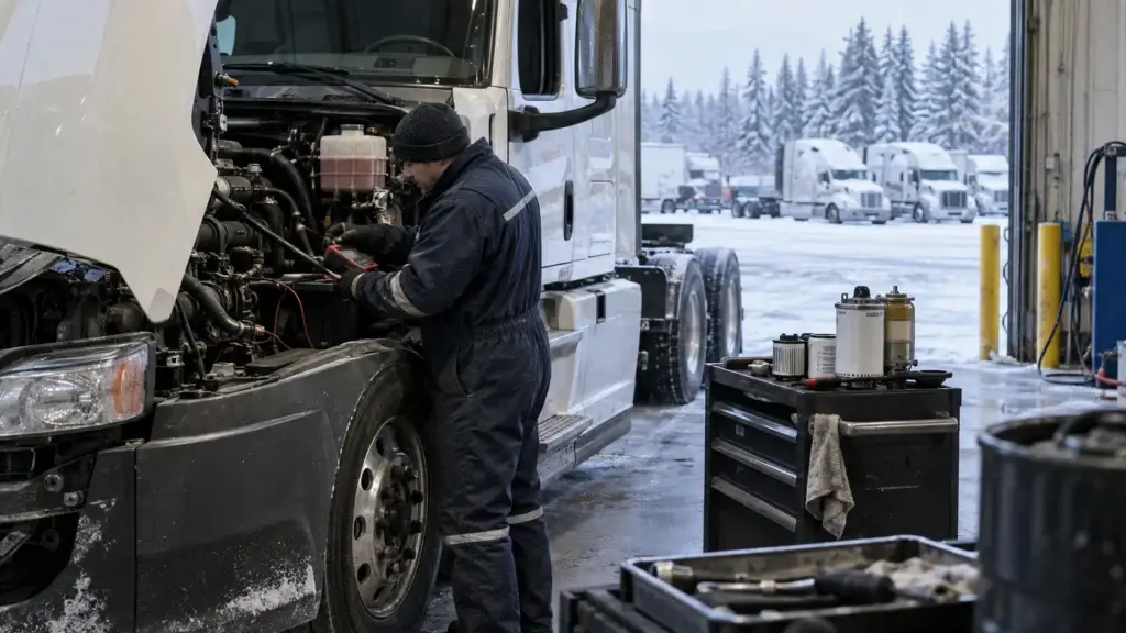 Diesel technician performing winterization maintenance on a heavy-duty semi truck in a snowy fleet service shop.