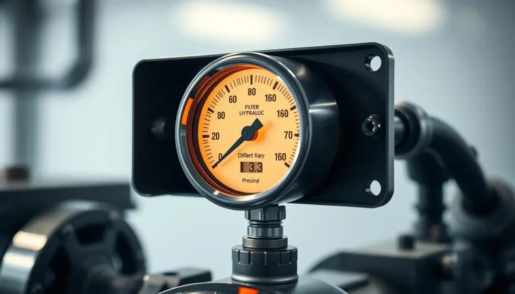 Technician checking differential pressure indicator gauge on hydraulic filter assembly