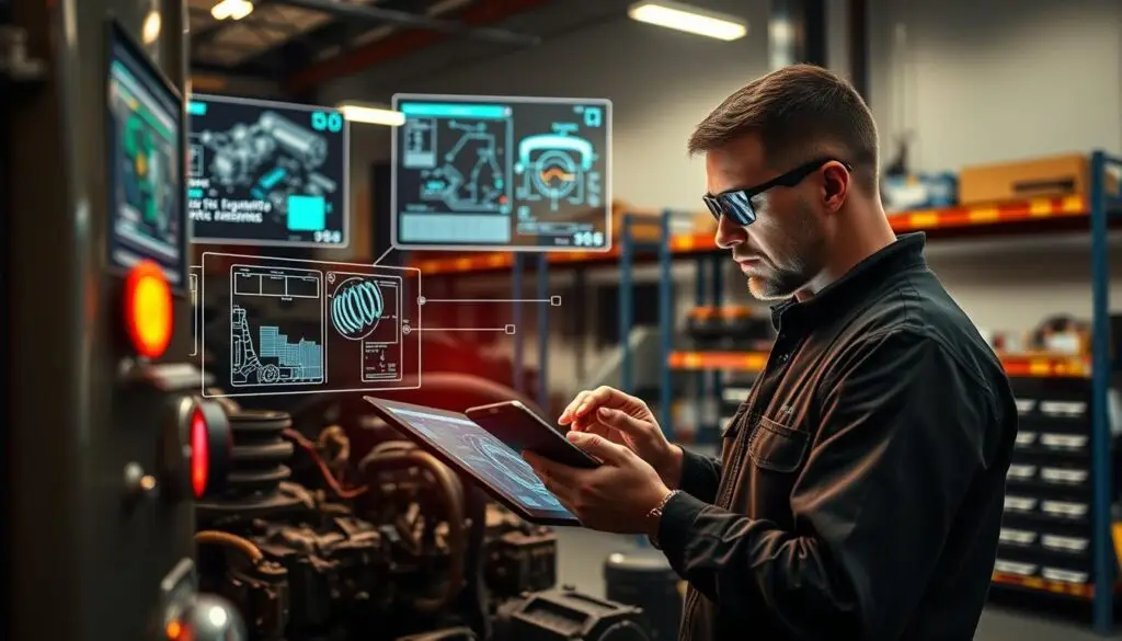Diesel technician using tablet-based service management software to process mobile repair work order