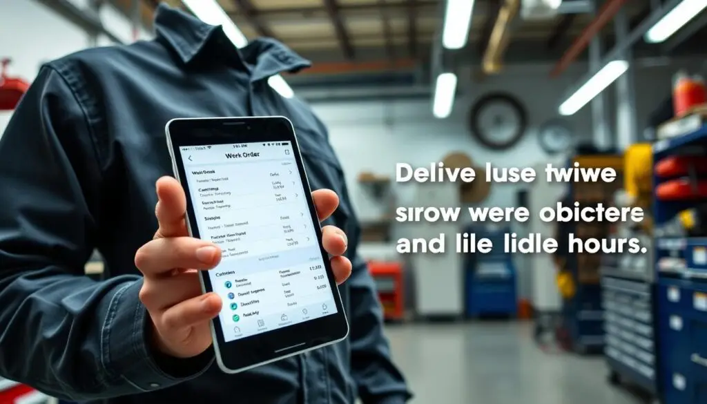 Tablet displaying digital work order system for heavy-duty diesel technician field service