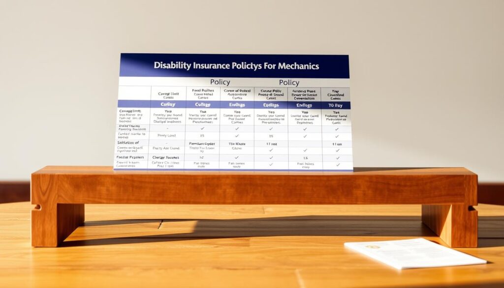 Insurance comparison chart showing disability coverage options for diesel mechanics