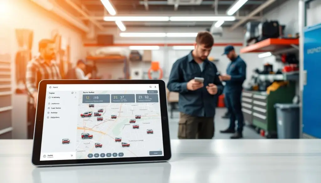 Fleet dispatch software interface showing technician locations, route optimization, and service scheduling