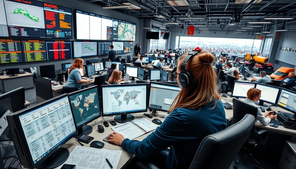 Dispatcher coordinating route assignments on multiple screens at fleet operations center
