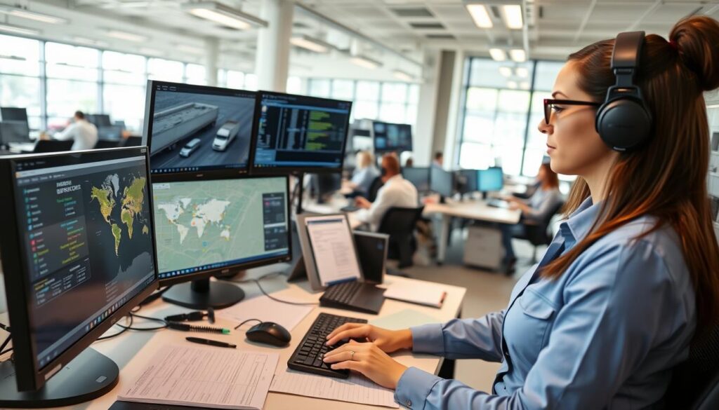 Fleet dispatcher demonstrating communication and multitasking skills at operations center