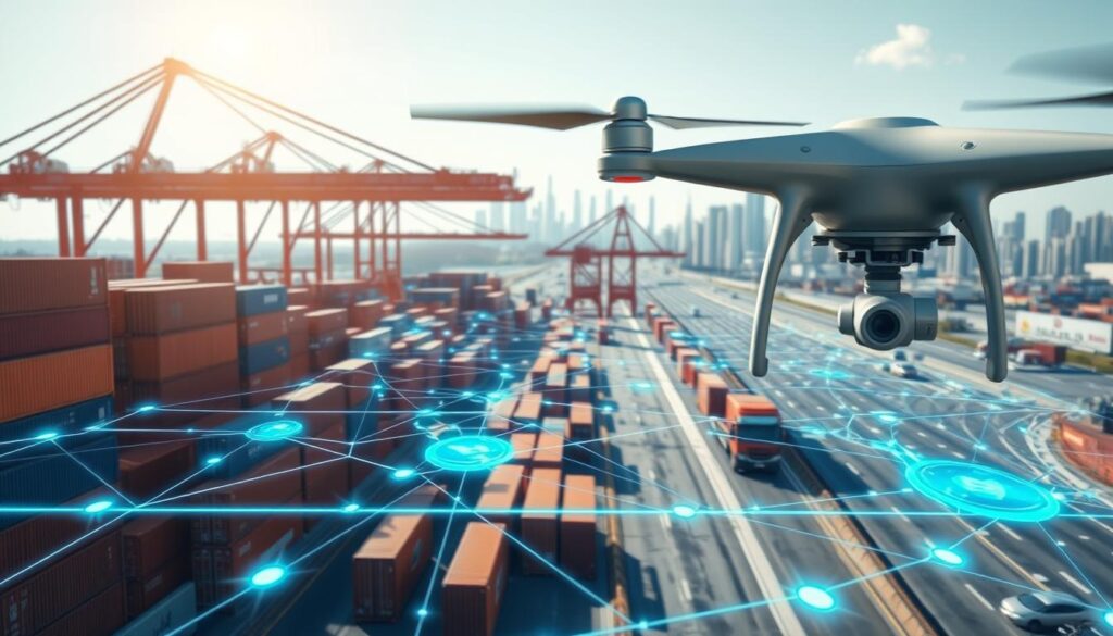 Distributed ledger technology diagram showing how blockchain records freight transactions across multiple computers