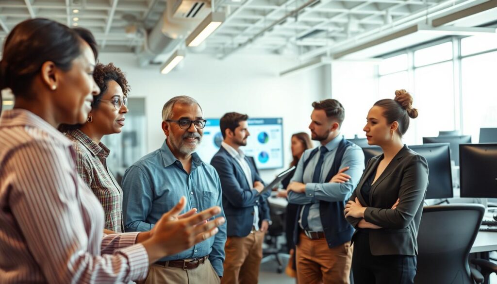 Diverse fleet safety team reviewing accident data in operations center