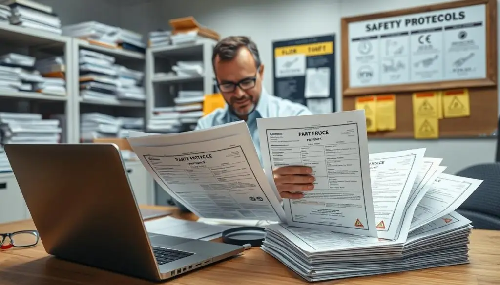 Documentation verification process showing certificate of conformity review for commercial truck parts