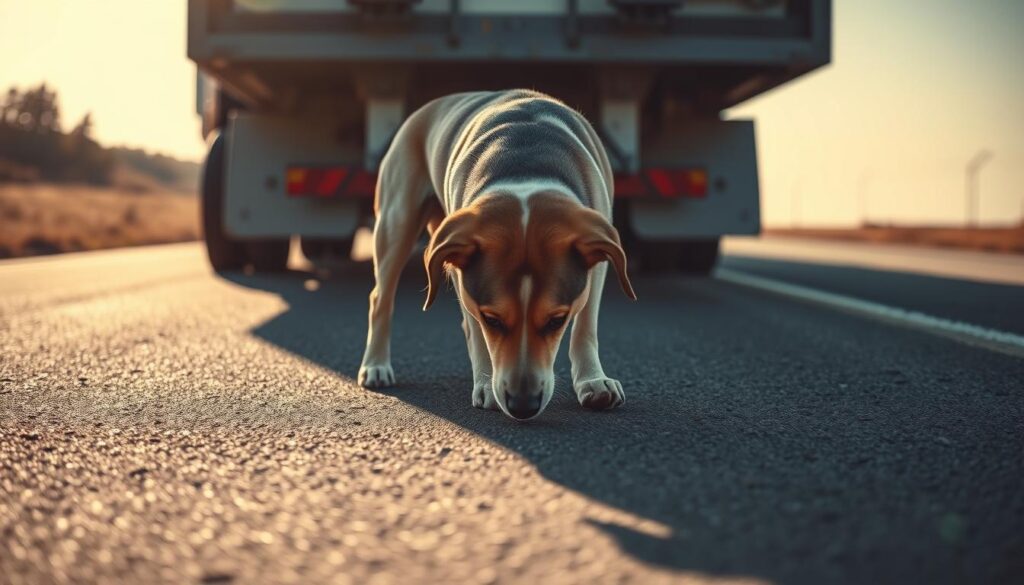 Dog tracking trailer showing angled travel path behind towing vehicle