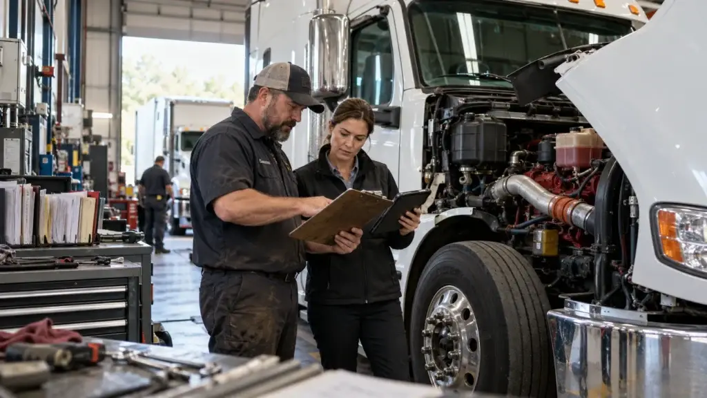 Fleet maintenance manager and diesel technician reviewing DOT compliance records beside a Class 8 truck in a commercial repair shop.