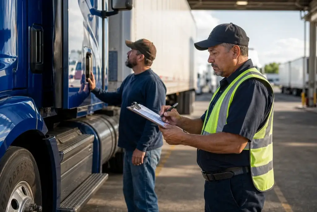 Commercial truck undergoing a DOT compliance inspection as an inspector documents vehicle safety checks at a fleet facility.