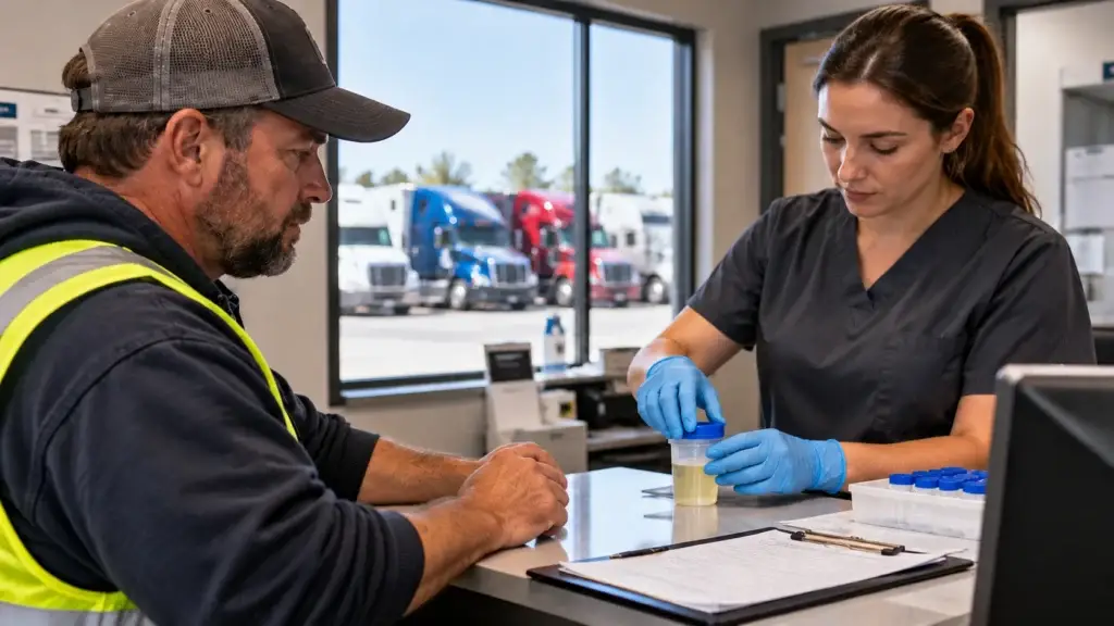 Commercial truck driver completing a DOT drug testing collection process with a technician at a transportation testing facility.