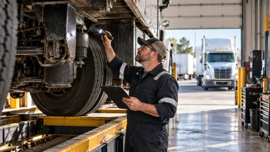 Qualified diesel technician performing a DOT safety inspection on a commercial truck inside a heavy-duty repair shop