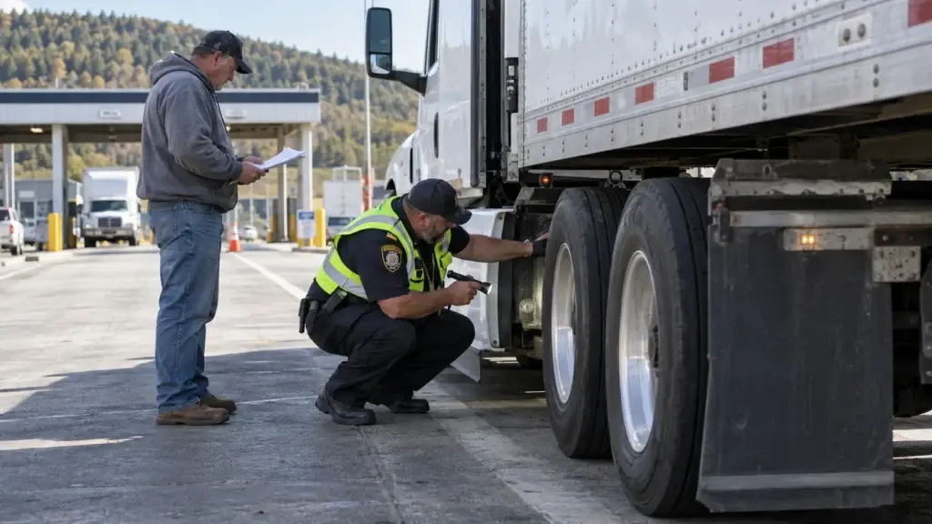 DOT inspector performing a Level I roadside safety inspection on a commercial semi-truck while the driver reviews inspection paperwork at a weigh station.
