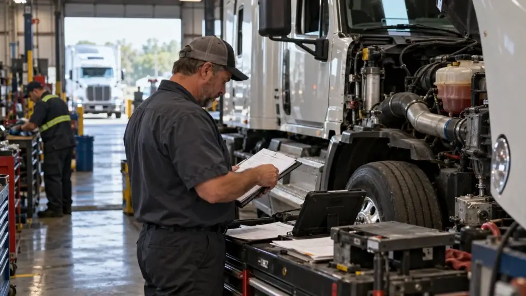 - Diesel technician reviewing commercial truck maintenance and inspection records beside a Class 8 truck in a heavy-duty repair shop.