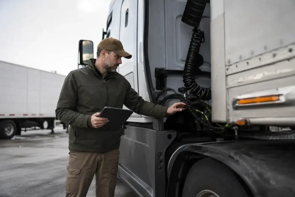 Commercial truck driver performing a DOT pre-trip inspection, checking air lines and trailer connections on a semi-truck while using a digital inspection tablet.
