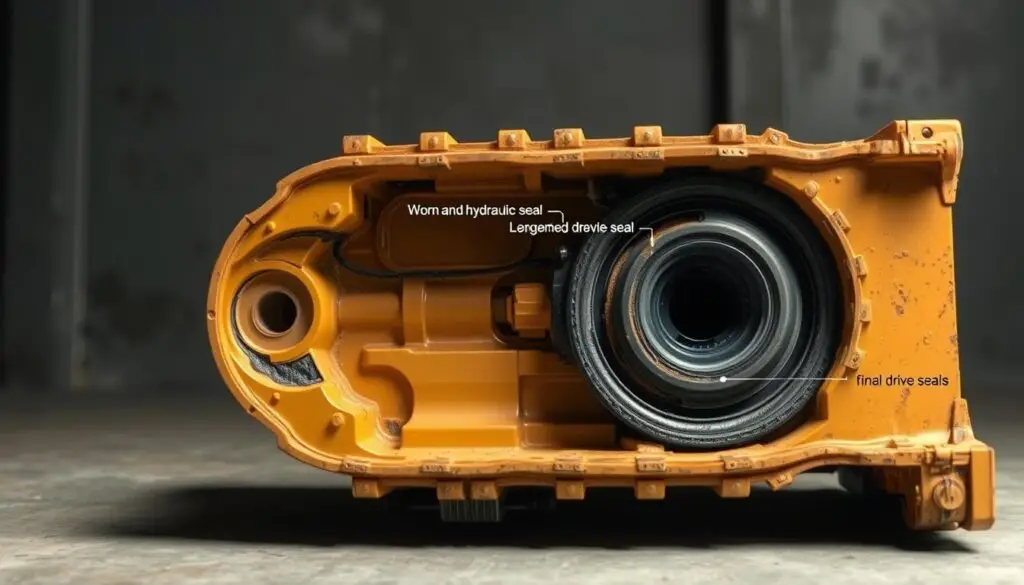 Close-up of final drive showing oil leak from deteriorated duo-cone seal at sprocket hub