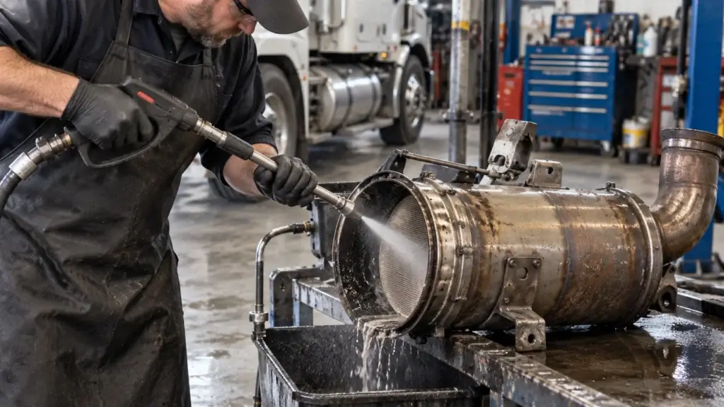 Diesel technician cleaning a heavy-duty truck diesel particulate filter in a commercial repair shop.
