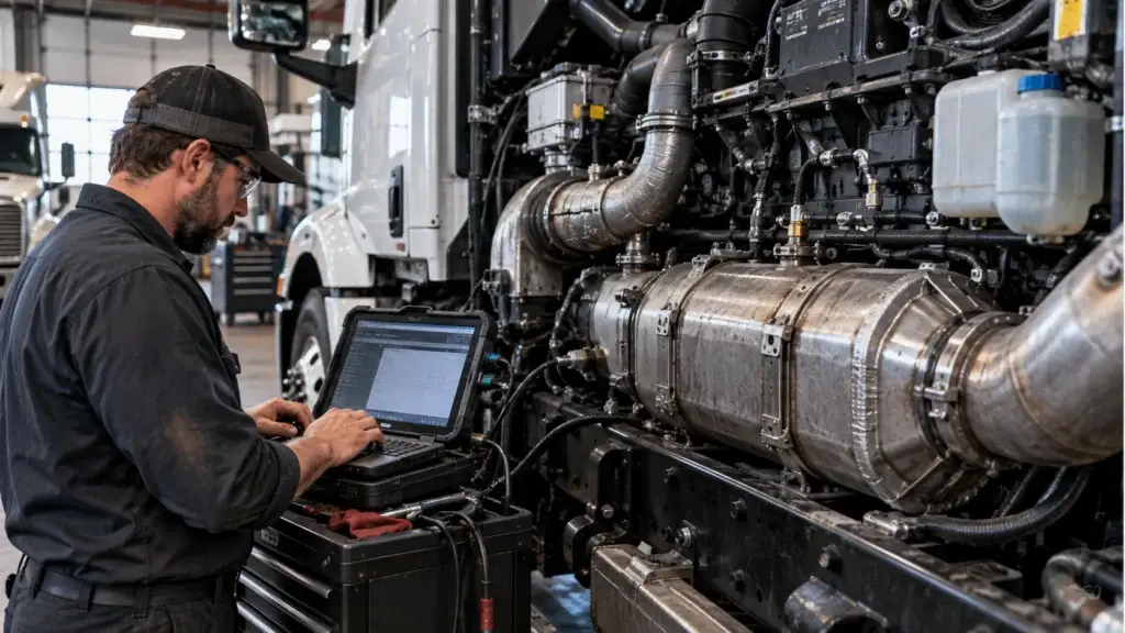 Diesel technician diagnosing DPF, EGR and SCR emission systems on a heavy-duty commercial truck using a professional scan tool.