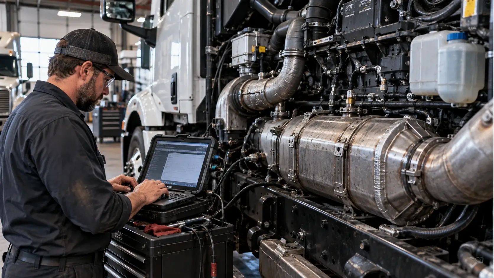 Diesel technician diagnosing DPF, EGR and SCR emission systems on a heavy-duty commercial truck using a professional scan tool.