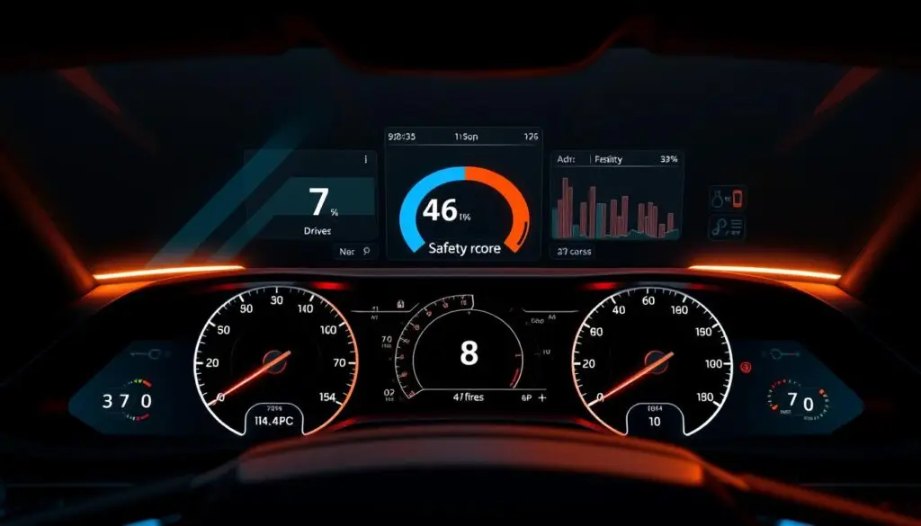 Driver behavior metrics dashboard showing real-time performance scores and coaching opportunities