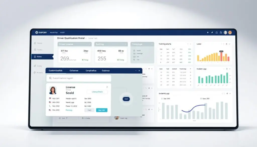Driver qualification management software dashboard displaying license verification status, medical certificate tracking, and compliance alerts