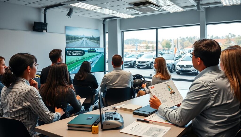 Driver safety training session showing classroom instruction and behind-the-wheel coaching methods