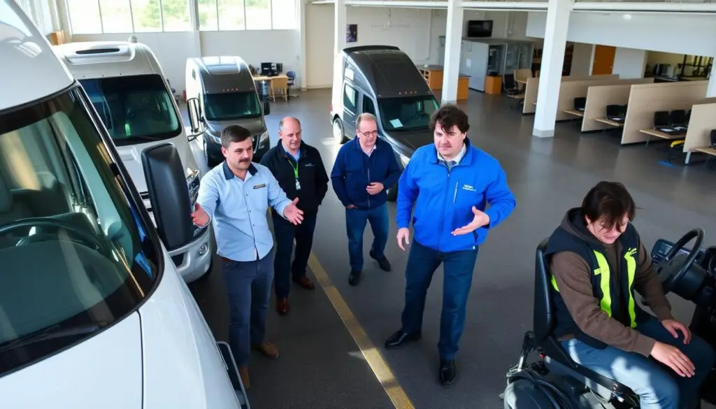 Fleet safety instructor conducting hands-on driver training session with commercial vehicle