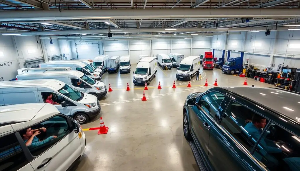 Fleet driver completing vehicle operation training with instructor