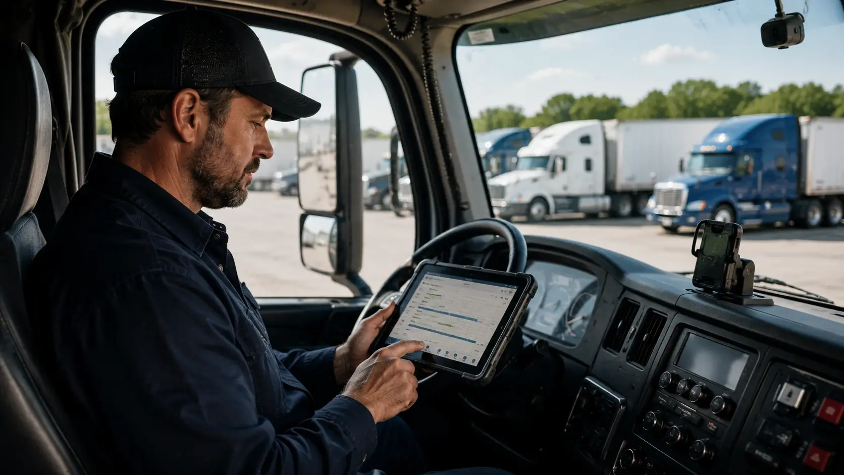 Commercial truck driver reviewing electronic Hours of Service logs on an ELD tablet inside a heavy-duty truck cab.