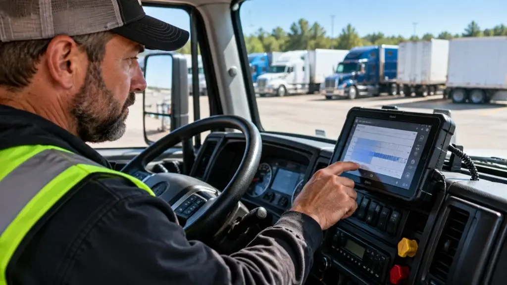 Commercial truck driver using an electronic logging device inside a semi truck cab during ELD compliance and hours-of-service recordkeeping.