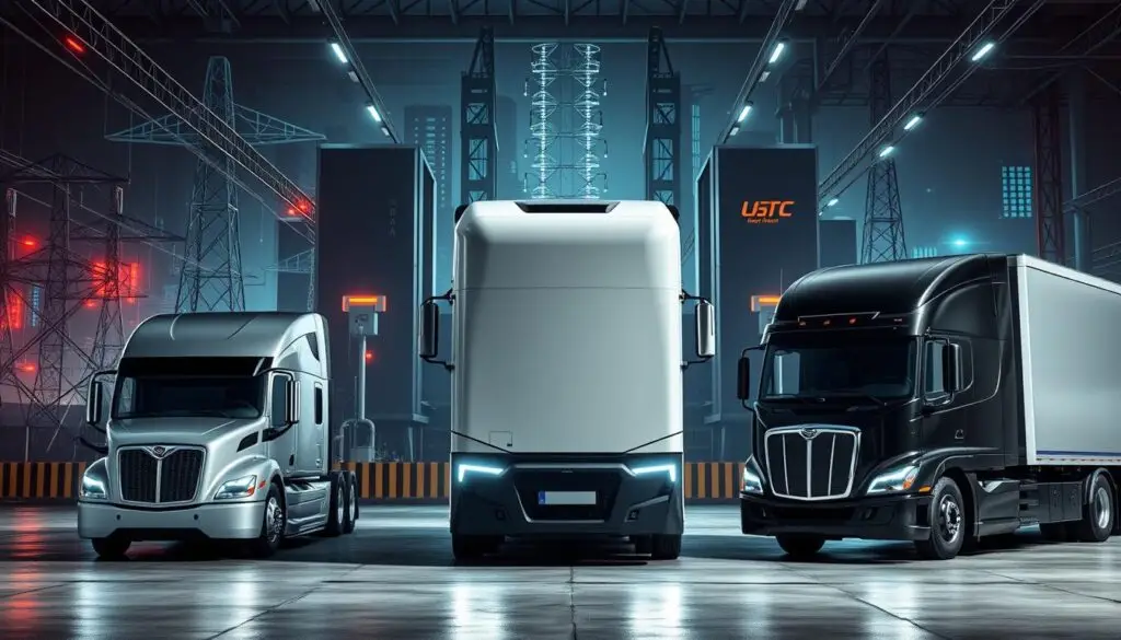 Comparison chart of propulsion technologies for heavy-duty trucks including diesel, battery-electric, natural gas, and hydrogen fuel cell options