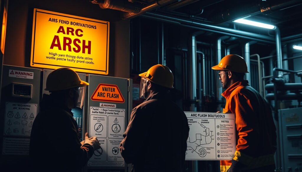Technician wearing arc-rated PPE including face shield and insulating gloves while testing industrial electrical panel